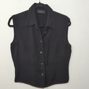 Prada Black Fitted Button Down Silk Blend Shirt with Notched Collar Size 14